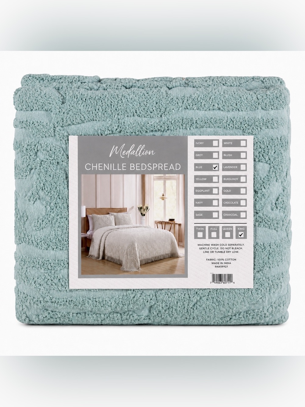Medallion Chenille King Bedspread Blue 100% Cotton